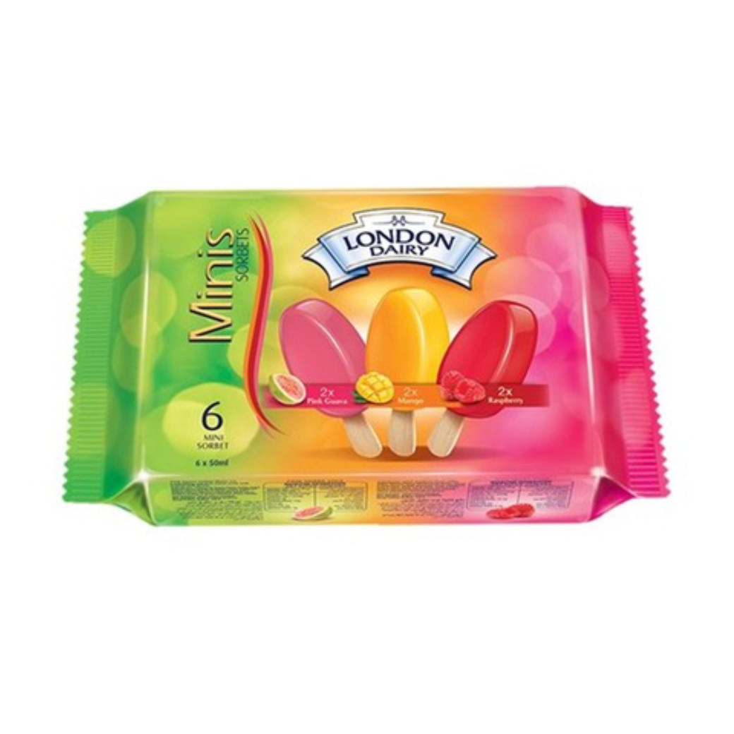 London Dairy μίνι παγωτίνια σορμπέ (Μάνγκο+Βατόμουρο+Ροζ Γκουάβα) 6x50ml